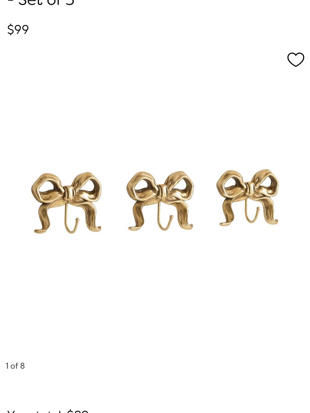 Pottery Barn Gold No Nail Bow Hook Trio